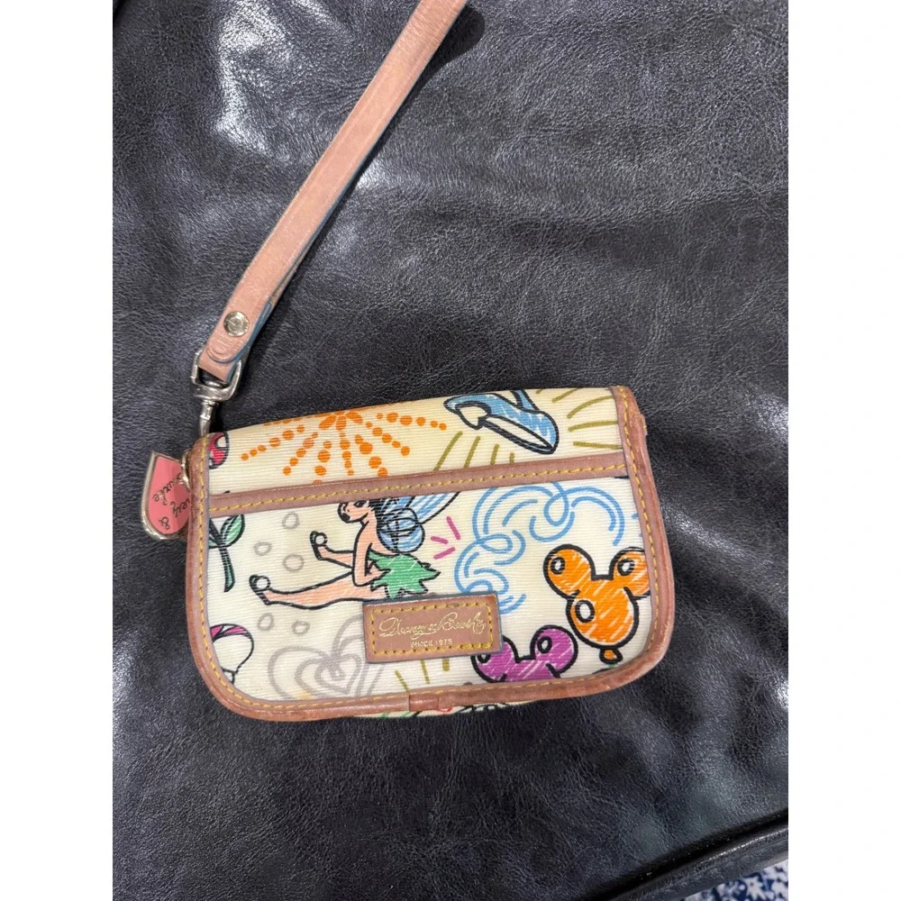 Dooney & Bourke Wristlet Pouch Cream Multi Color Doodle Print Leather Trim‎